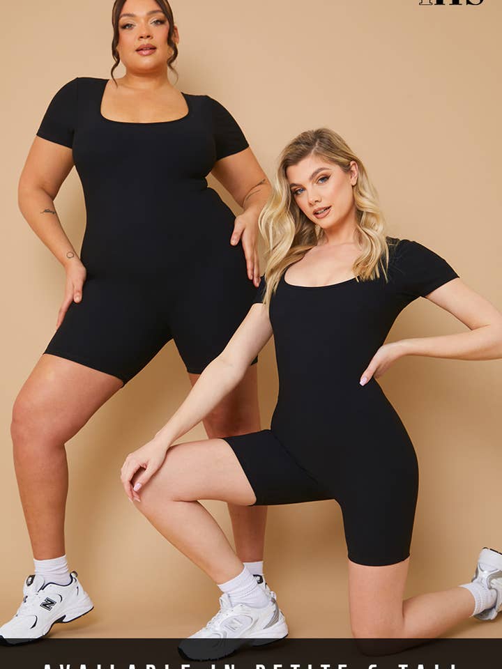 Black Ribbed Short Sleeve Sculpt and Control Unitard for wholesale on Faire