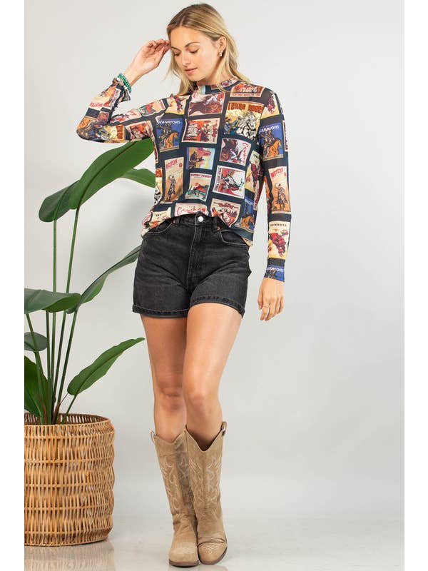 Multi Colored AV1230-ROBBIE VINTAGE WESTERN SEMI SHEER MESH TOP for wholesale on Faire