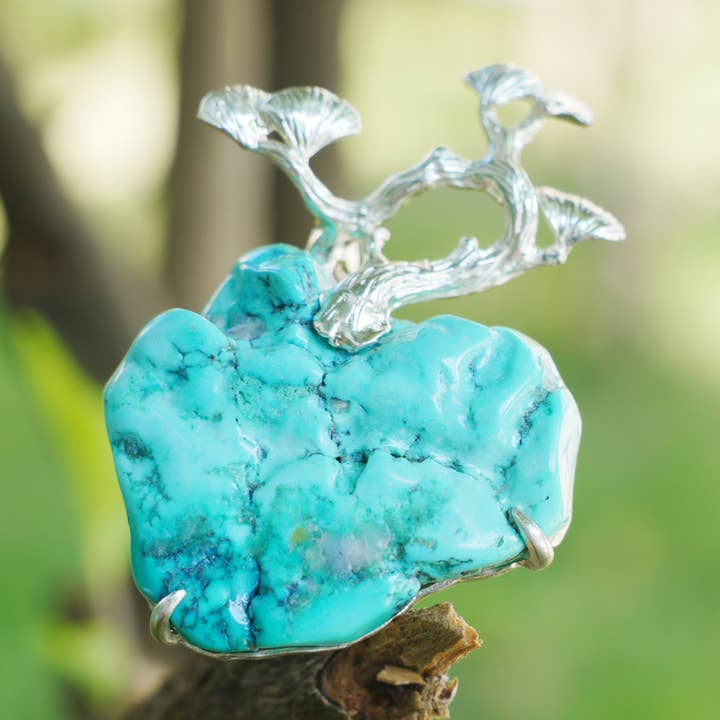 Pendente Broche de Turquesa Bruta | Joalharia Árvore em Prata 925 | Presente da Natureza para Ela por atacado de idjewelry