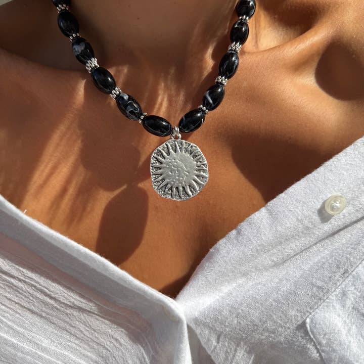 Christina Christi - Wholesale Pendant/Charm Necklace - Handmade Black Beaded Necklace with Silver Sun Pendant1