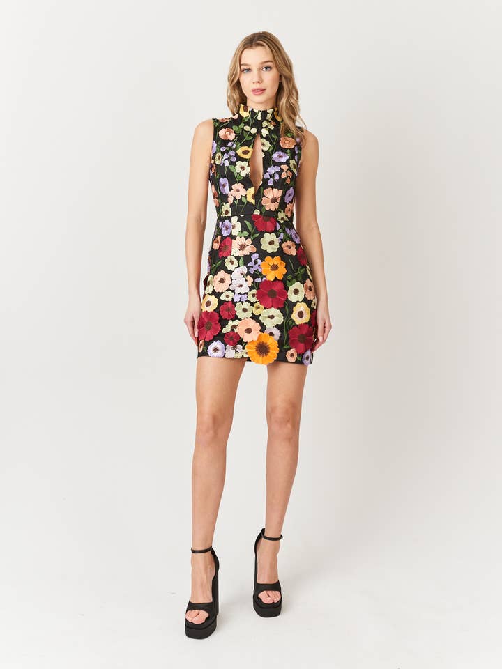 Zion High Neck Cut Out Sleeveless Floral Printed Mini Dress for wholesale by Amy Lynn