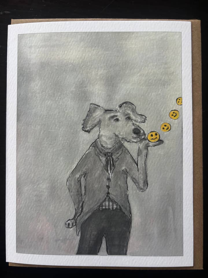 Carte de vœux illustrée de smileys soufflants avec un chien stylé pour la vente par Bernie Street Studios