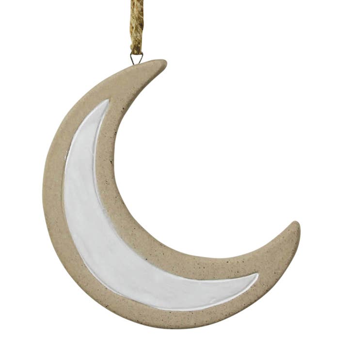 Ceramic Hanging - Moon.  6.5” jute hanger for wholesale by HomArt