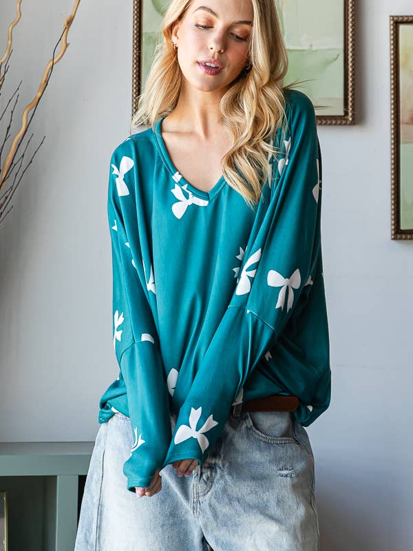 REMOVED BRAND - Wholesale Knit Top - Women's - Fall Bow Print V-Neck Long Sleeve Top in PLUS - HTP12471