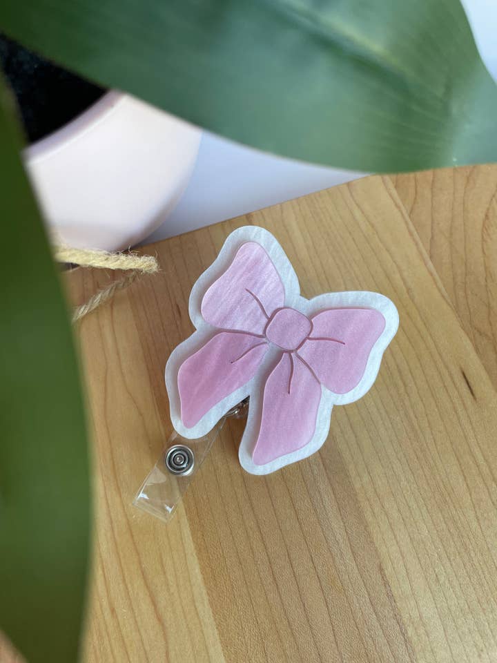 Pearl Pink and White Bow Acrylic Badge Reel for wholesale by DesignedbyKendal