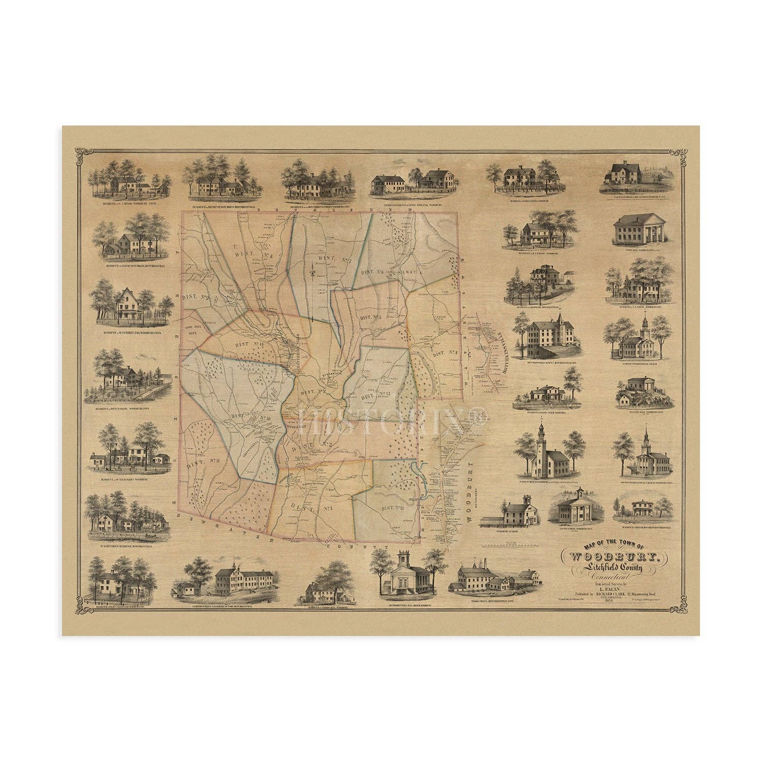 Historic Prints - Wholesale Poster - Vintage Litchfield County, CT State Map Wall Art Poster8