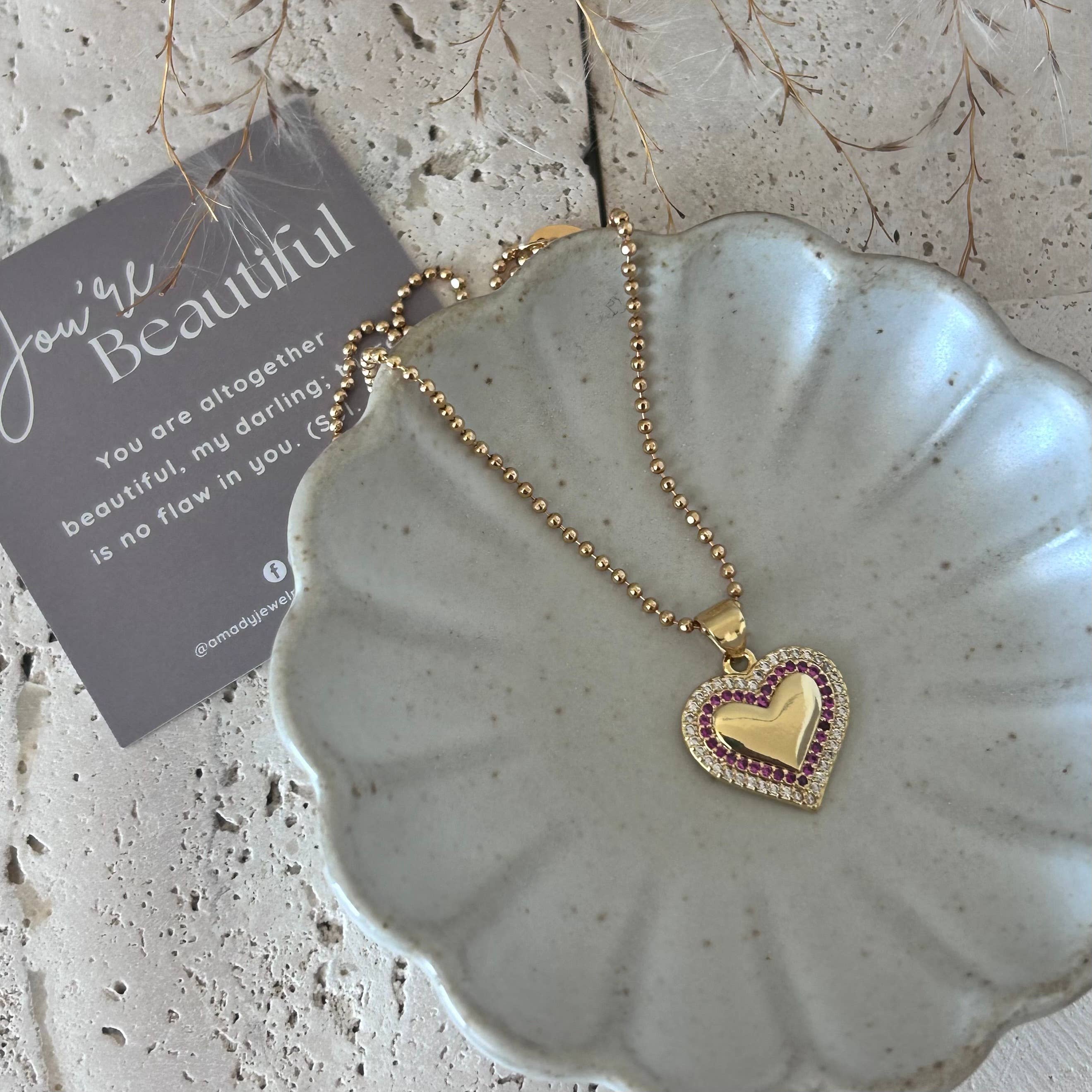 Amady Jewelry - Vendita all'ingrosso Collana con ciondolo/pendaglio - Collana con ciondolo a cuore piccolo pavé e catena di perline di vetro rosa.8