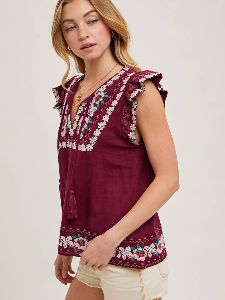 Bluivy - Wholesale Top - Maternity - BOHO EMBROIDERED RUFFLED SLEEVE DRAWSTRING TOP