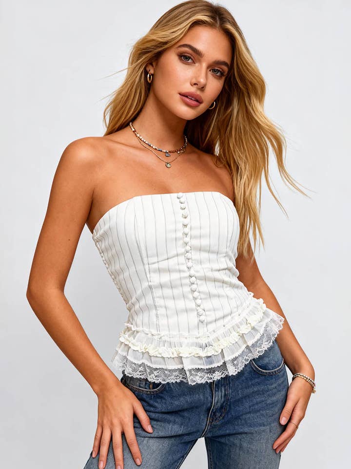 Dames Gestreepte Print Gelaagde Kant Zoom Gewatteerde Tube Top voor wholesale door Sweetkama