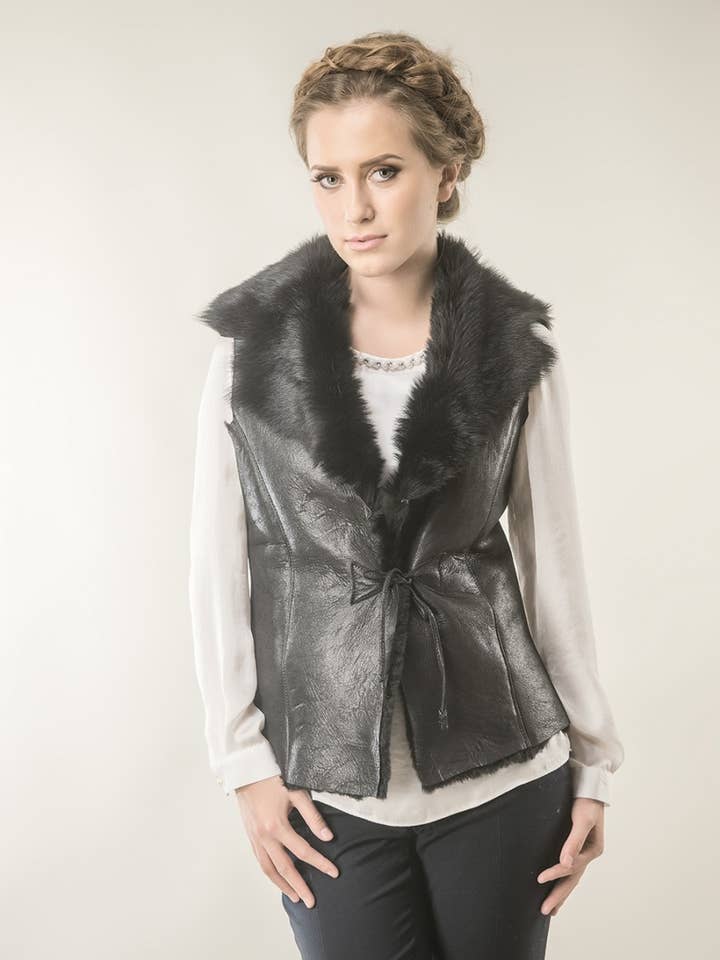 Black Merino Fur Nappa Lamb Leather Vest for wholesale by Buy Me Fur