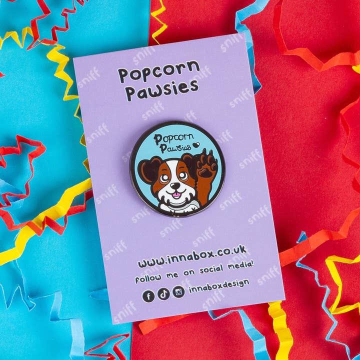 Popcorn Pawsies Enamel Pin for wholesale by Innabox Ltd