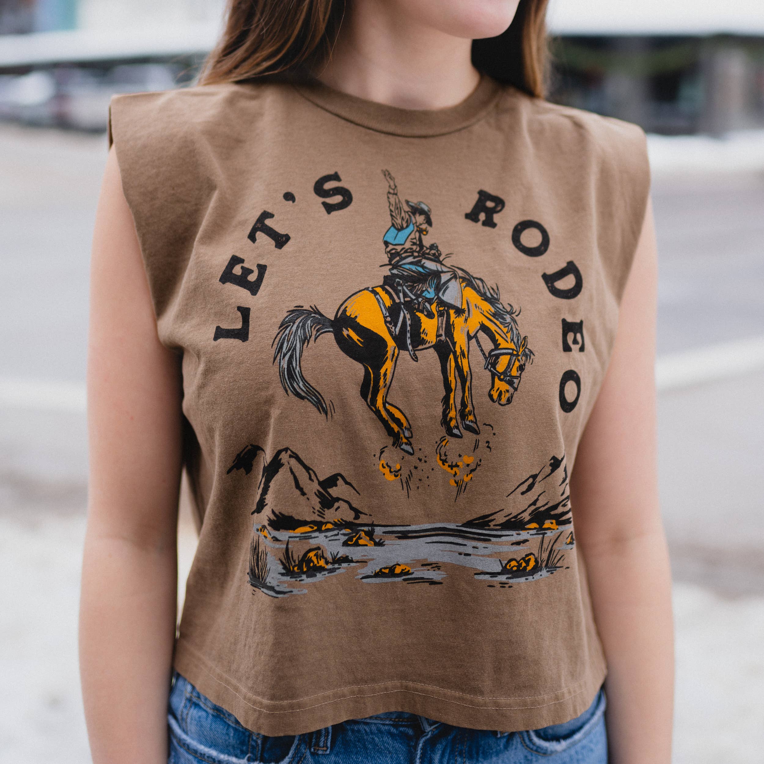 The Montana Scene - Wholesale Screen Printed T-Shirt - Women's - Let's Rodeo Ladies Muscle Tee - Faded Brown2
