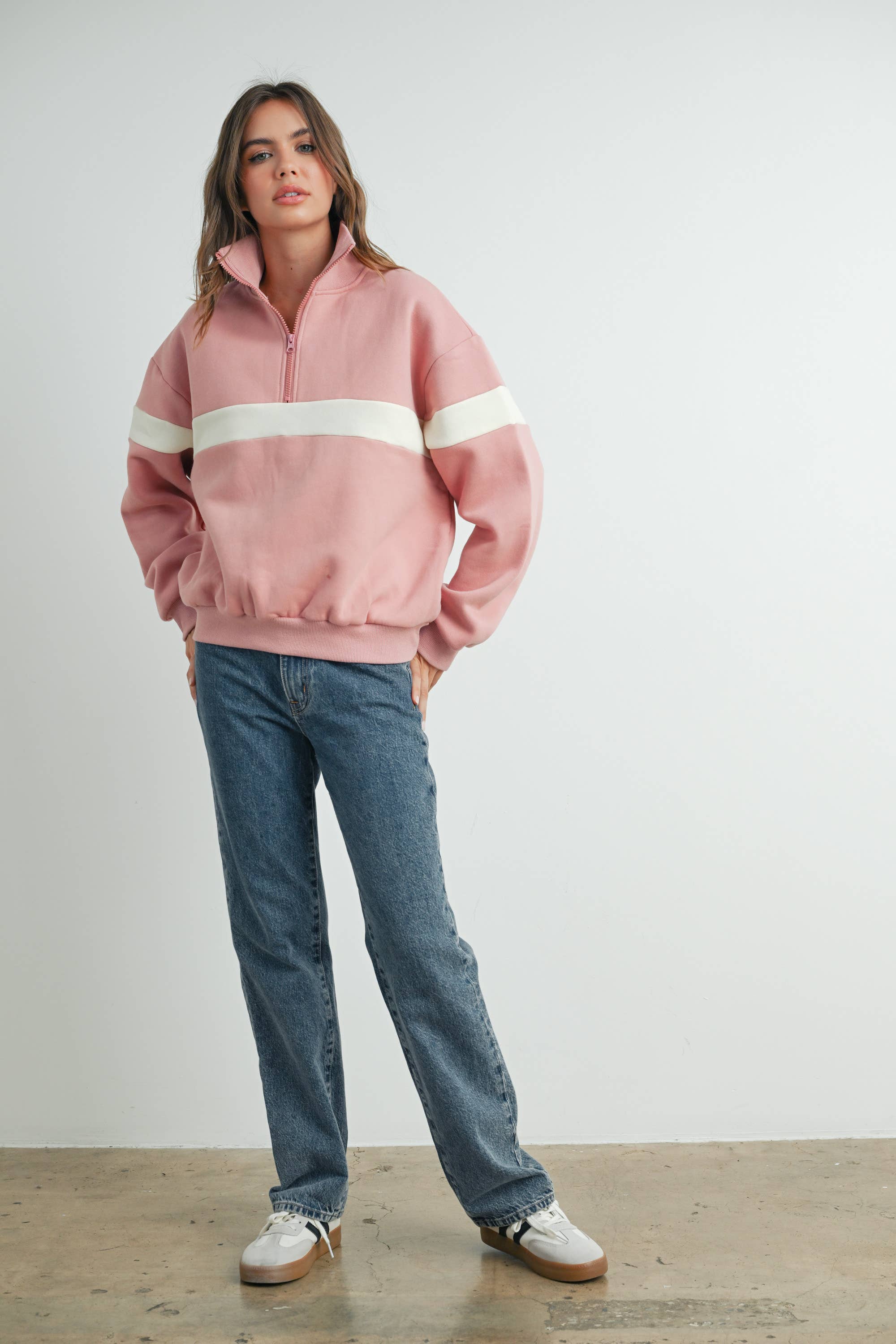 BUTTERMELON - Wholesale Sweatshirt - Women's - Two-Toned Half Zip Collar Sweatshirt - BMT753536