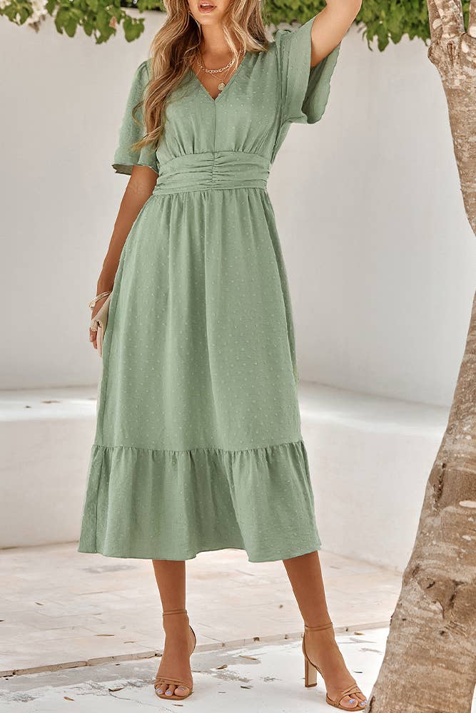 UNISHE - Wholesale Dress - Women's - Swiss Dot V Neck Ruffle Sleeves Dress SN1609