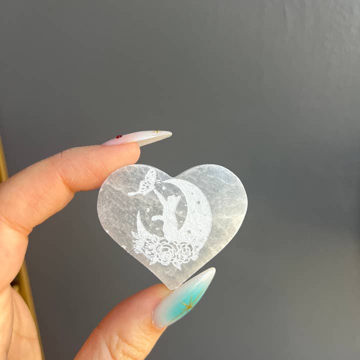 Selenite Etched Cat Crystal Heart Carving for wholesale by Sapphire & Sage