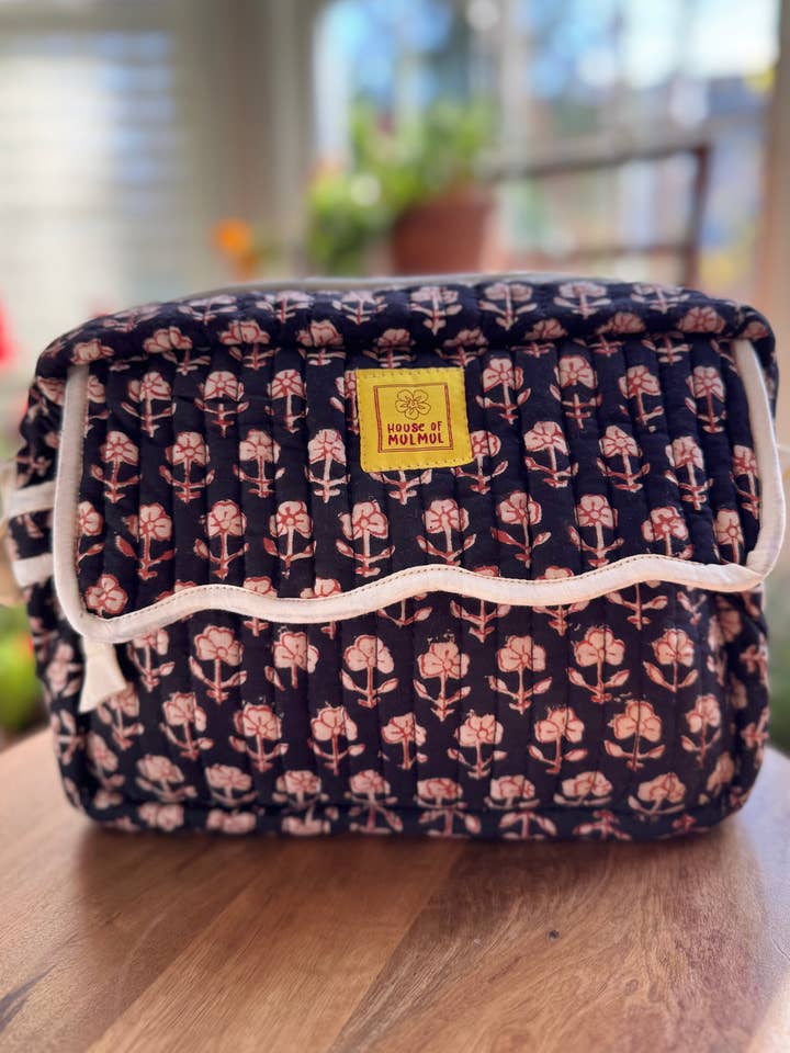 Block print Travel Makeup Bag (Single - C25B) - Black for wholesale by House of Mulmul LLC