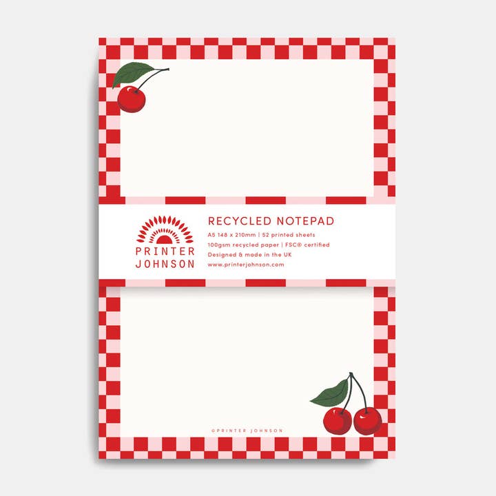 Cherry | A5 notepad | 52 printed pages, recycled jotter for wholesale by Printer Johnson Ltd