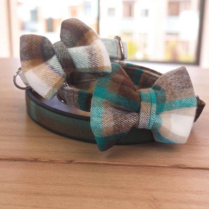 Cocoa and Marshmallows plaid bow and collar for wholesale by Callies Place Pet Boutique