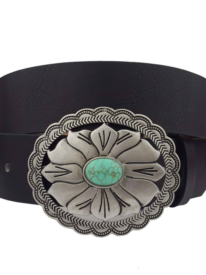Oval Western Turquoise Buckle Belt in Black and Tan for wholesale by anbfashion