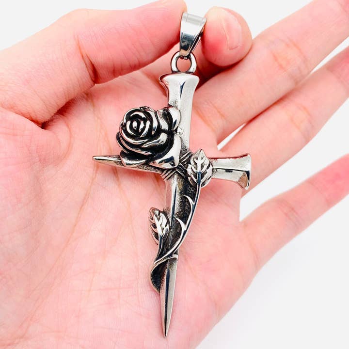 Stainless Steel Rose Wrap Cross Pendant - MJ/MNP for wholesale by Mio Queena