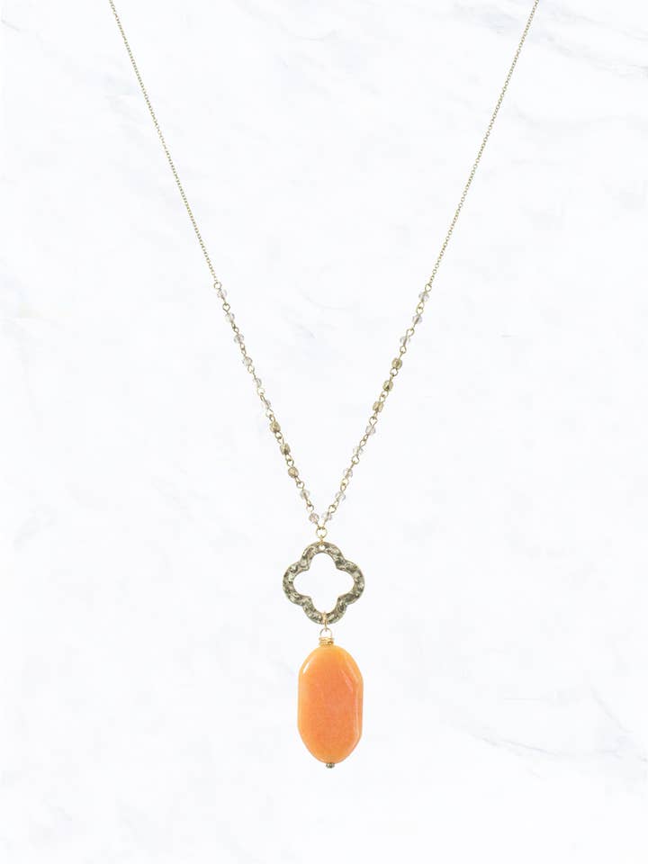 Orange Oval Stone Crystal and Gold Beads Necklace for wholesale by Suzie Q USA