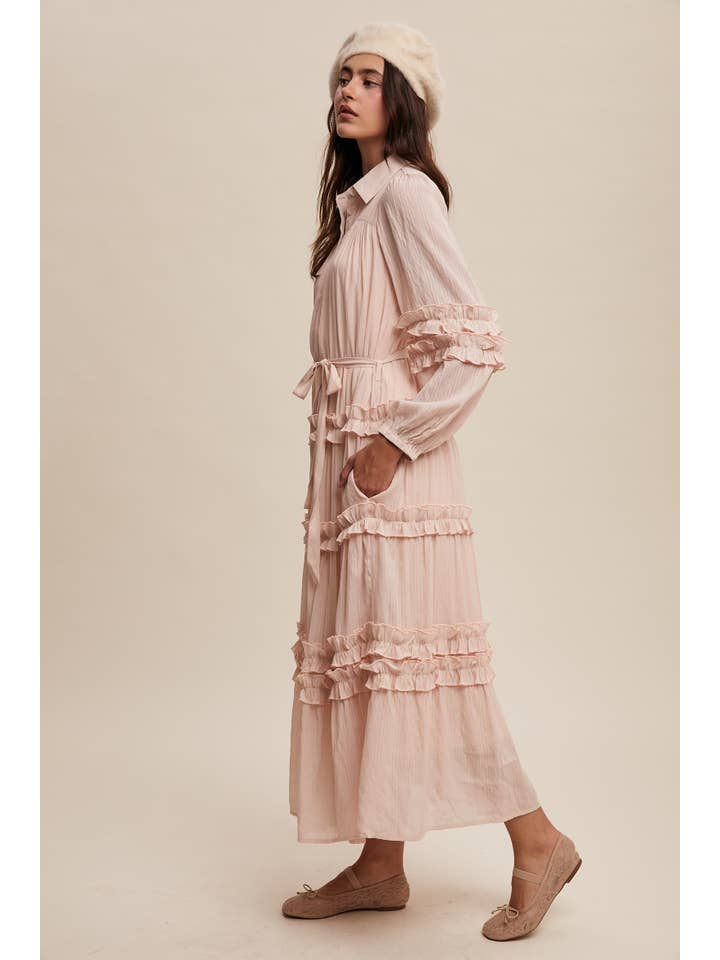 Listicle - Wholesale Dress - Women's - Ruffled Belted Maxi Shirt Dress LD149625