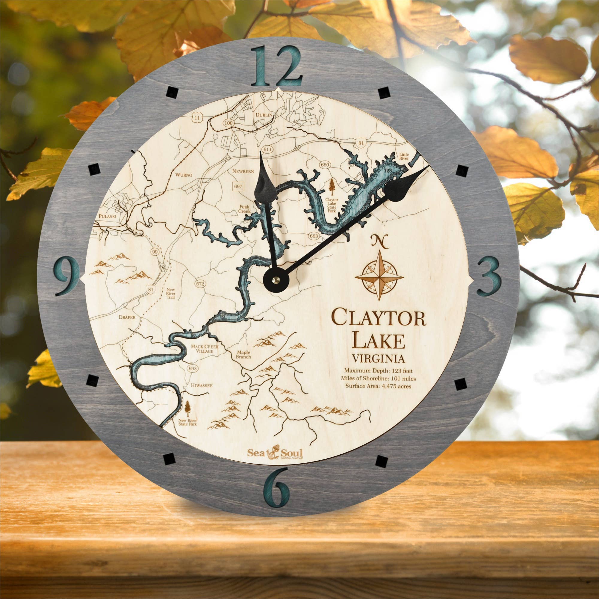 Sea & Soul Nautical Chart Art - Wholesale Wall Clock - Claytor Lake Virginia Nautical Map Wood Wall Clock - 2 Level12