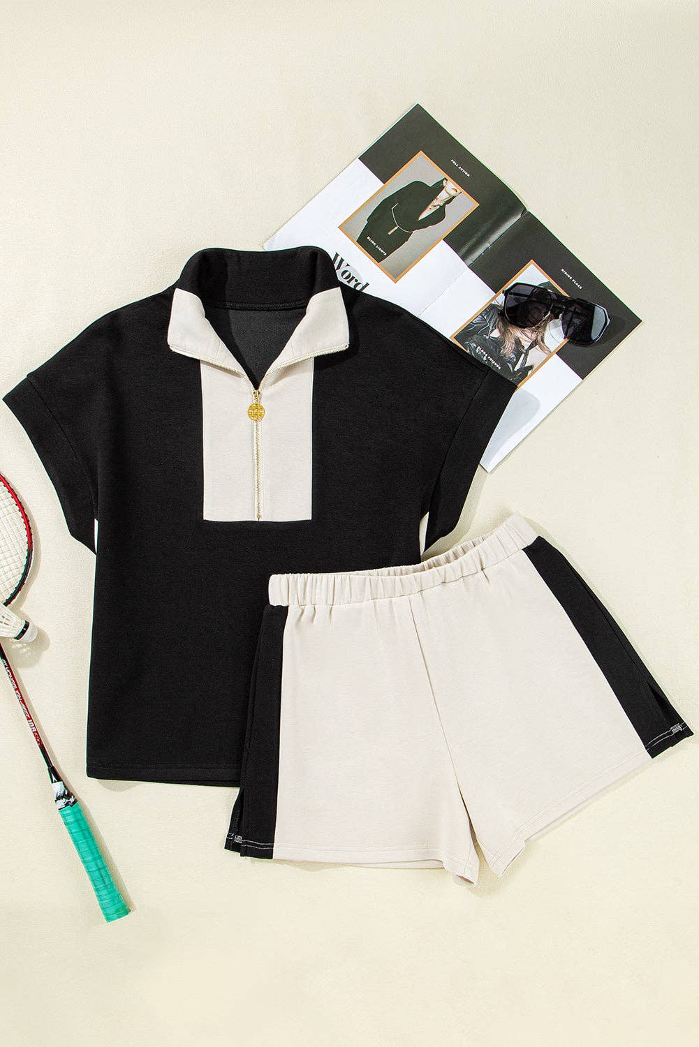 Black Contrast Zipped Stand Collared T Shirt and Short Set for wholesale on Faire3