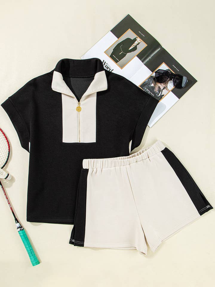 Black Contrast Zipped Stand Collared T Shirt and Short Set for wholesale on Faire3
