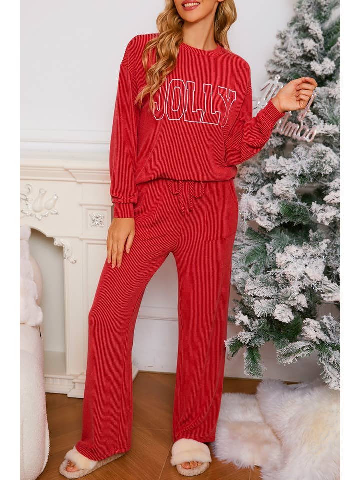 Aapparella - Wholesale Lounge Set - Women's - JOLLY Corded Long Sleeve Christmas Graphic Pants Set | S-XL8