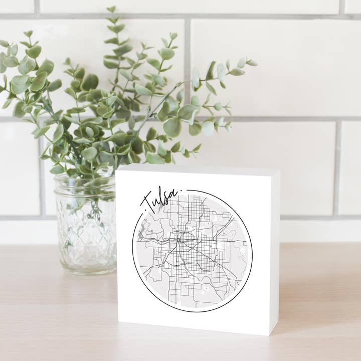 Modern Oklahoma Tulsa Circle Map |5x5 Wood Block for wholesale by Love Local