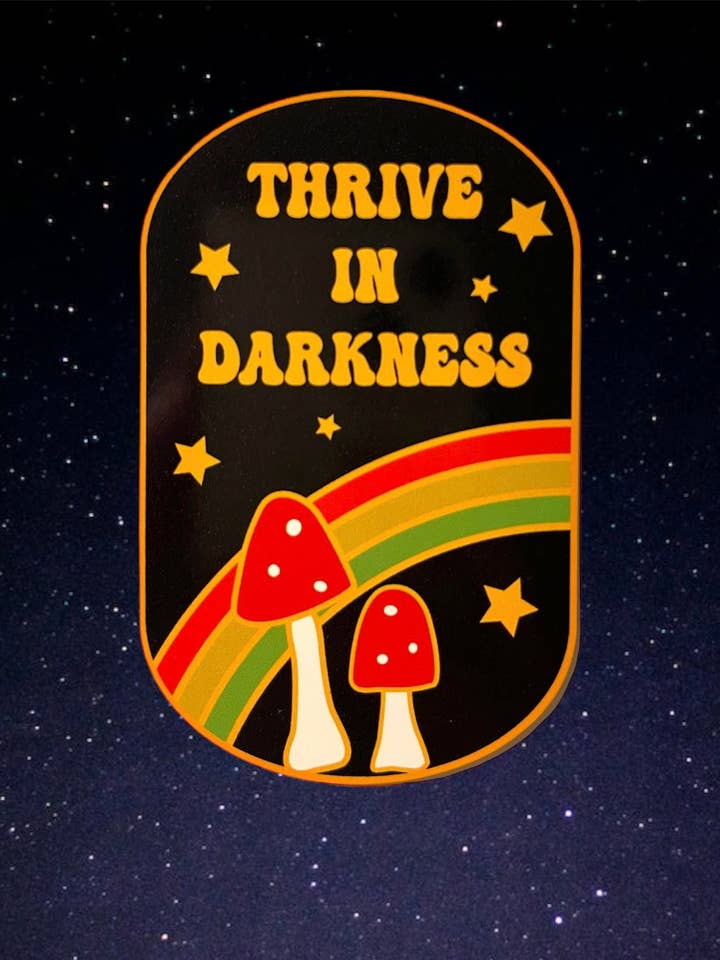 Thrive in Darkness Mushroom Retro Vinyl Sticker Ten + Eight for wholesale by Retrophiliac