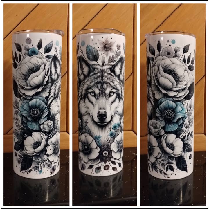 Wolf With Flowers 20oz Tumbler Physical Item for wholesale by Justified Madness1