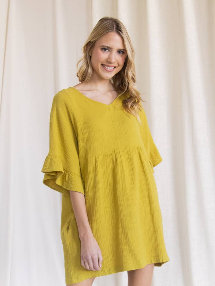 Gauze Ruffled Sleeve V Neck Dress for wholesale by Before You Collection
