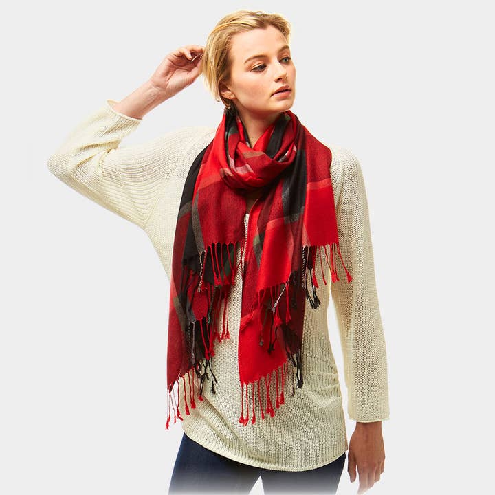 Wona Trading, Inc. - Wholesale Scarf - Women's - Oblong Plaid Tassel Scarf
