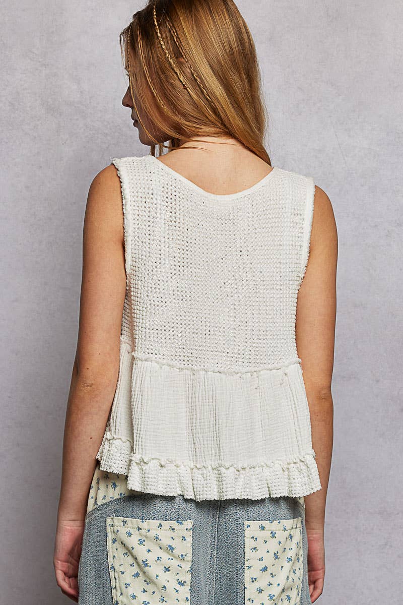Pol Clothing - Wholesale Knit Top - Women's - Sleeveless contrast thermal cropped babydoll top SALE8