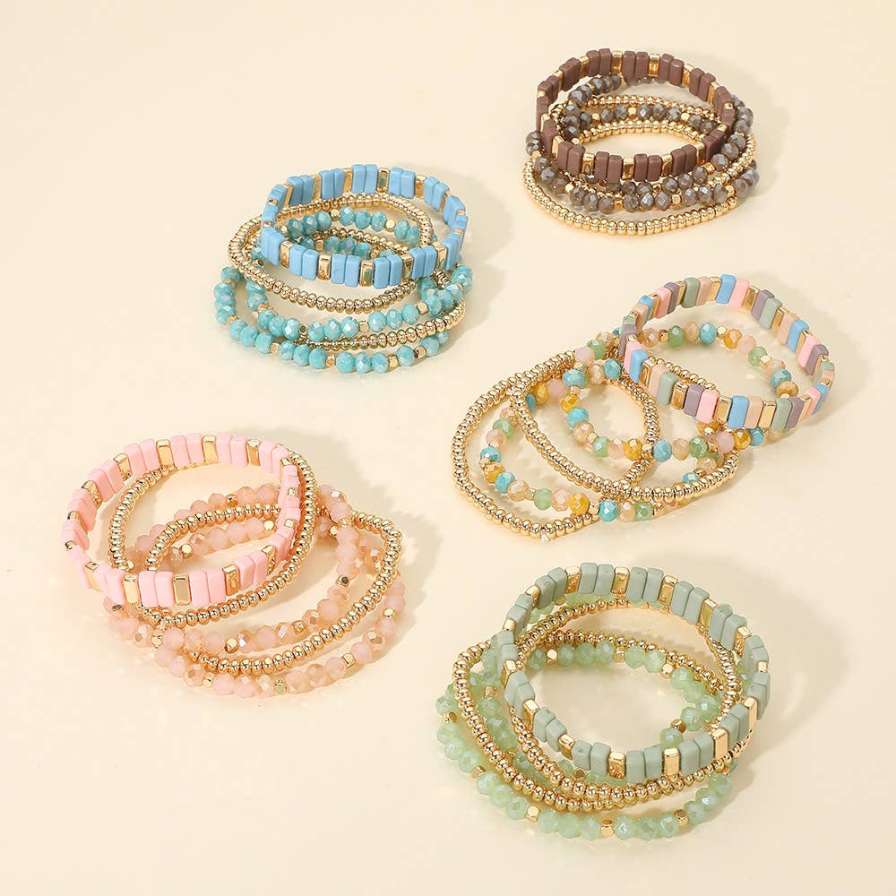Sensibling Corp. - Wholesale Jewelry Set - 5PCS - Mixed Shape Textured Beaded Stretch Multi Layered Bracelets17