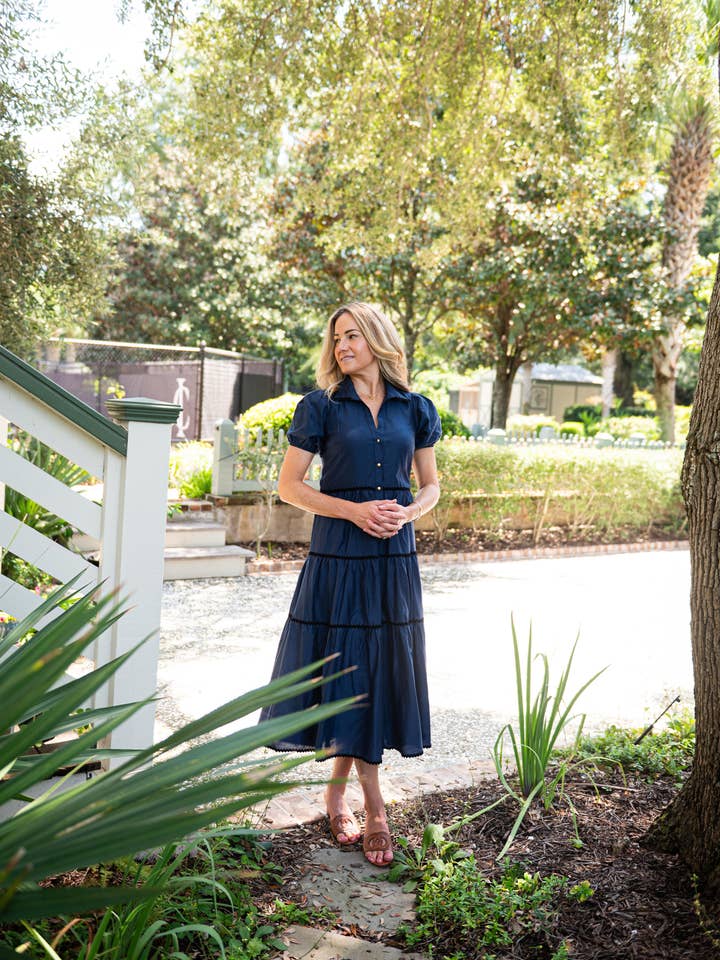 Navy Button Front Shirt Dress with Black Ric-Rac for wholesale on Faire2