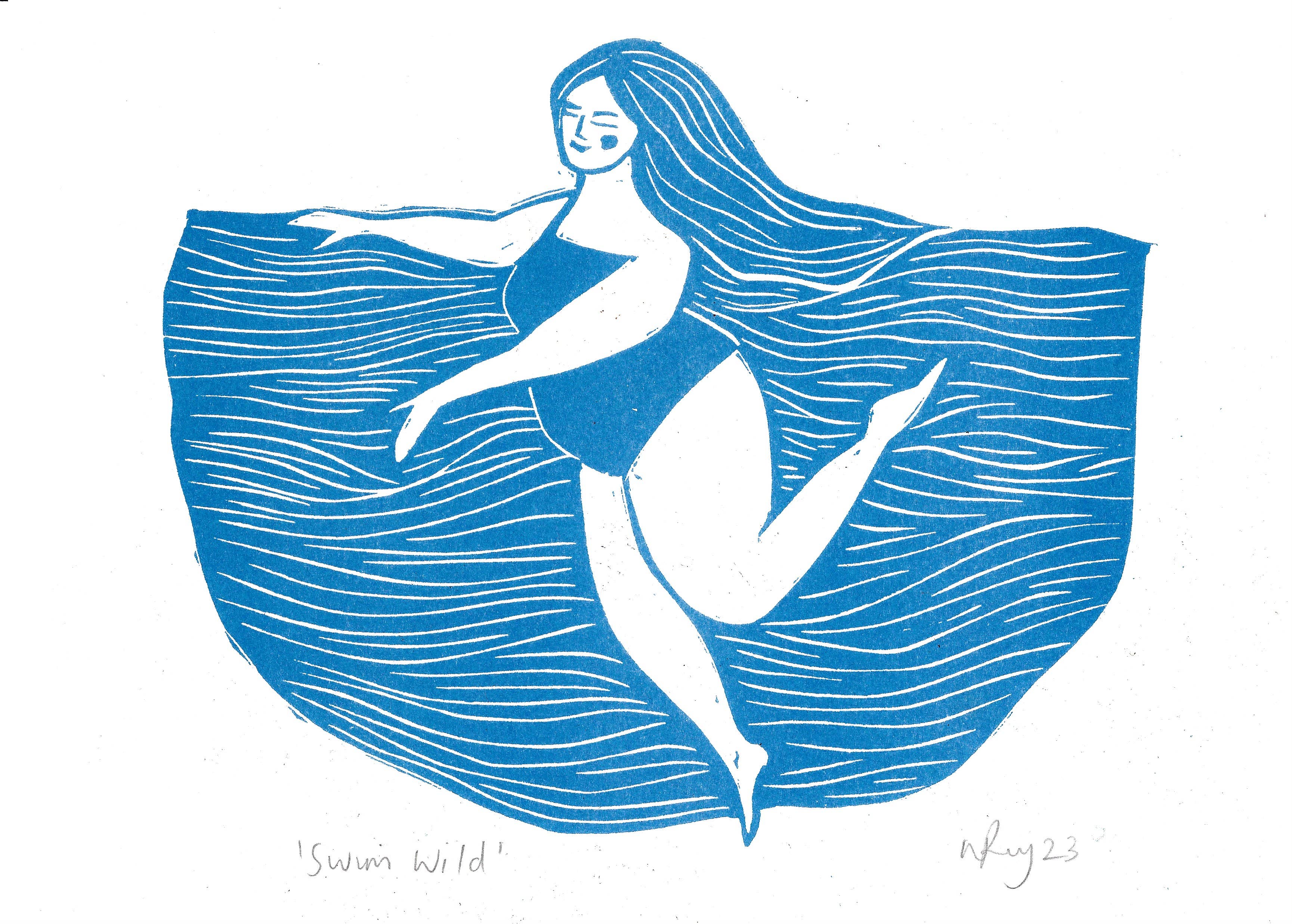 Prints by the Bay - Venta al por mayor Ilustración - Estampado de riso Swim Wild, natación, arte curvilíneo, nadador, mar1