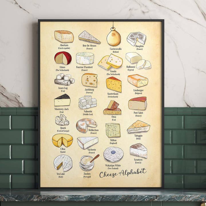 cheese alphabet poster, A-Z of Cheese, Cheese art, vintage c for wholesale by Hannah Turpin Designs