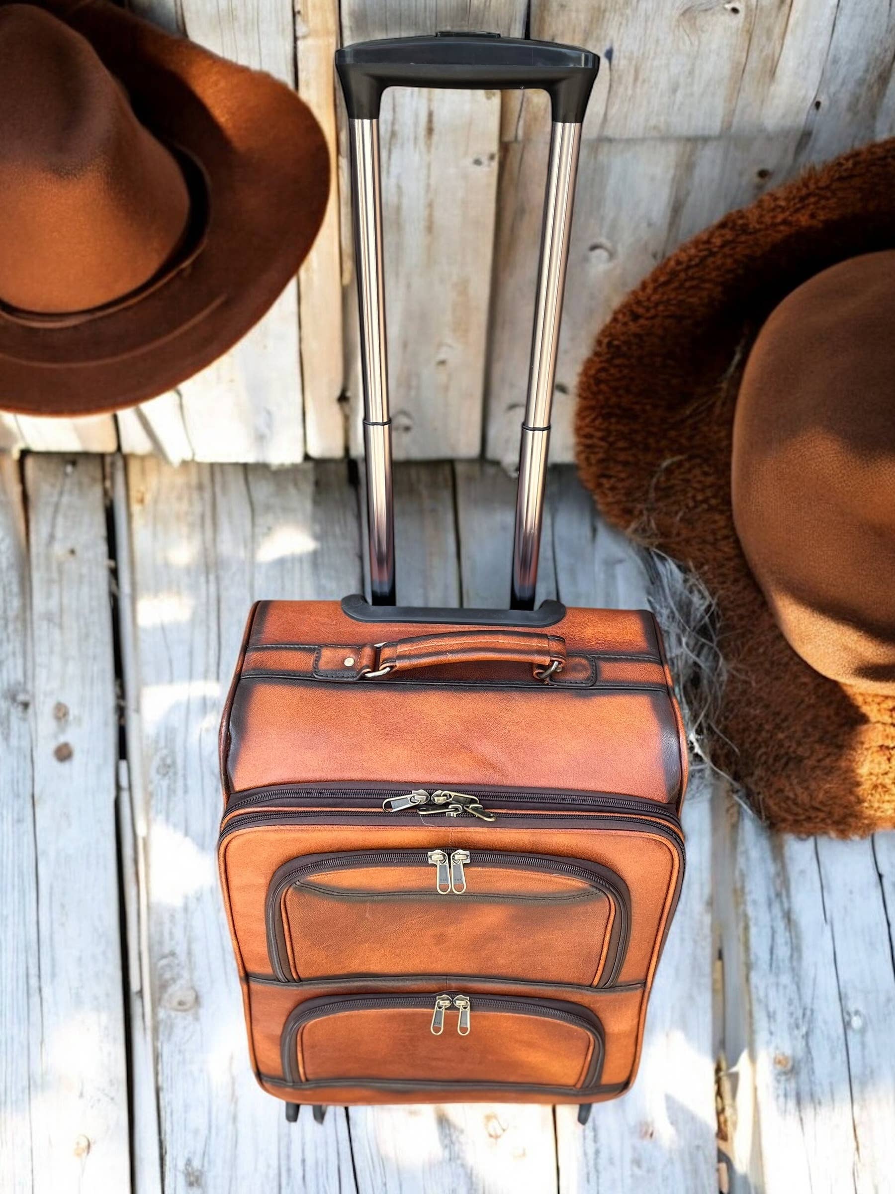 Western Linens - Wholesale Luggage - Burn Leather Rolling Suitcase Carry Luggage 3