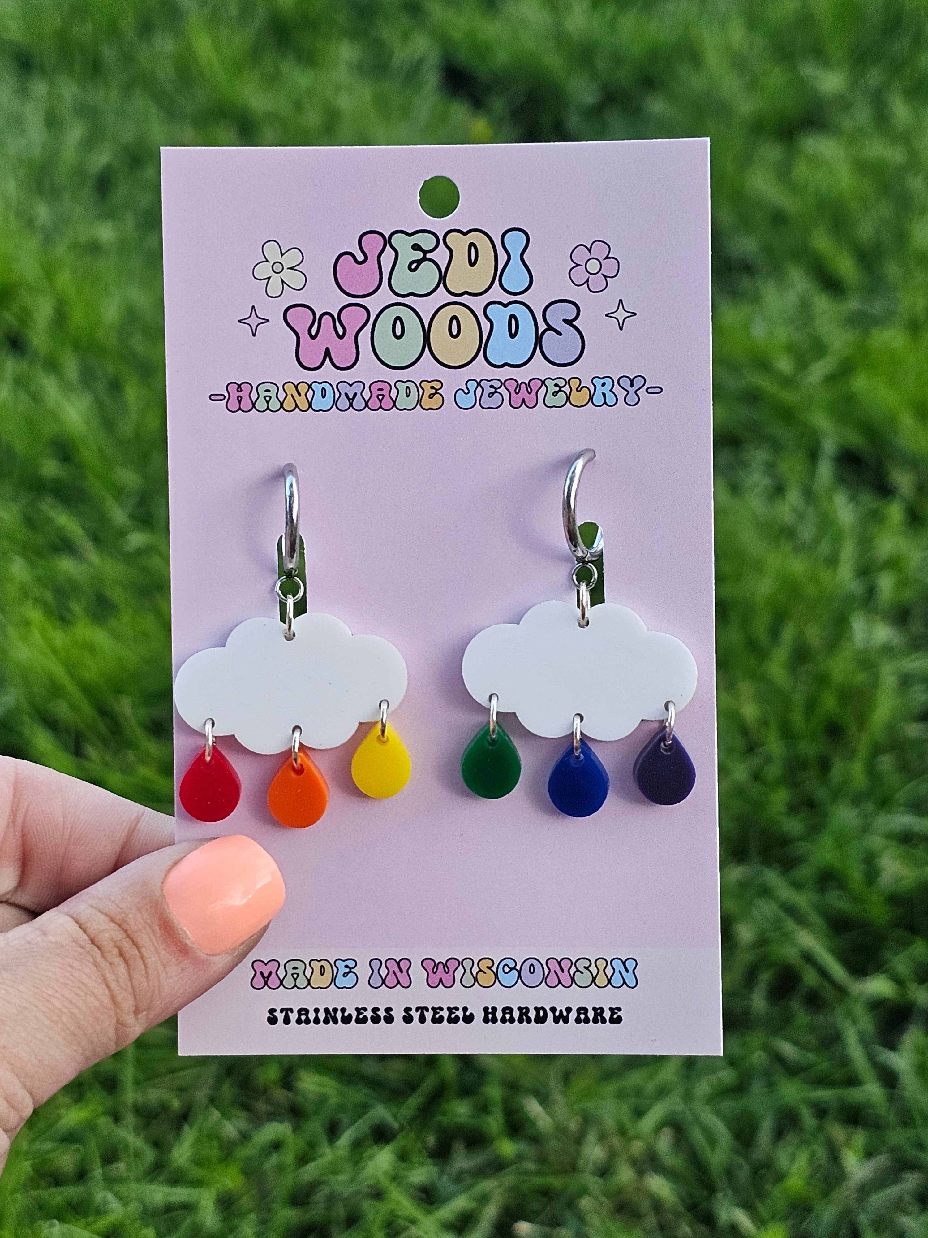 Jedi Woods LLC - Wholesale Dangle Earrings - Rainbow Raindrop Cloud Earrings with Single Rain Drops2