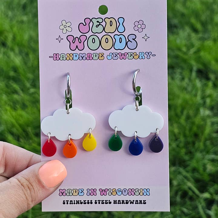 Jedi Woods LLC - Wholesale Dangle Earrings - Rainbow Raindrop Cloud Earrings with Single Rain Drops2