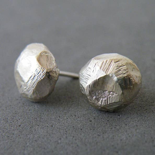 Faceted Nugget Silver Studs, Spheres Earrings for Her for wholesale by SteamyLab