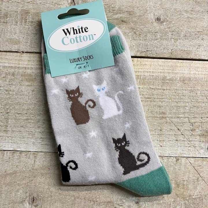 6 x Socks UK 4-7 - Gatos (SK37) para venta al por mayor de White Cotton Cards