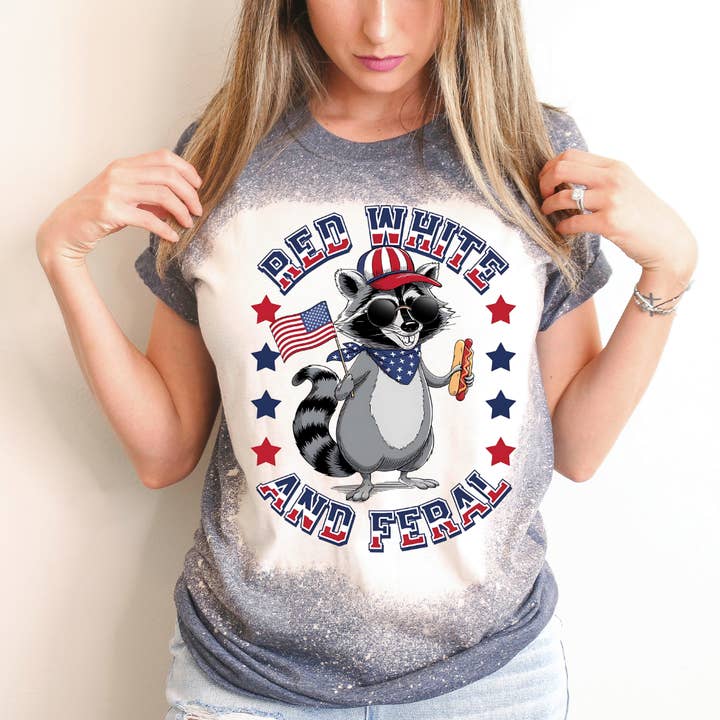 Red White and Feral July 4th Bleached Tee for wholesale by Hello Gorgeous Apparel
