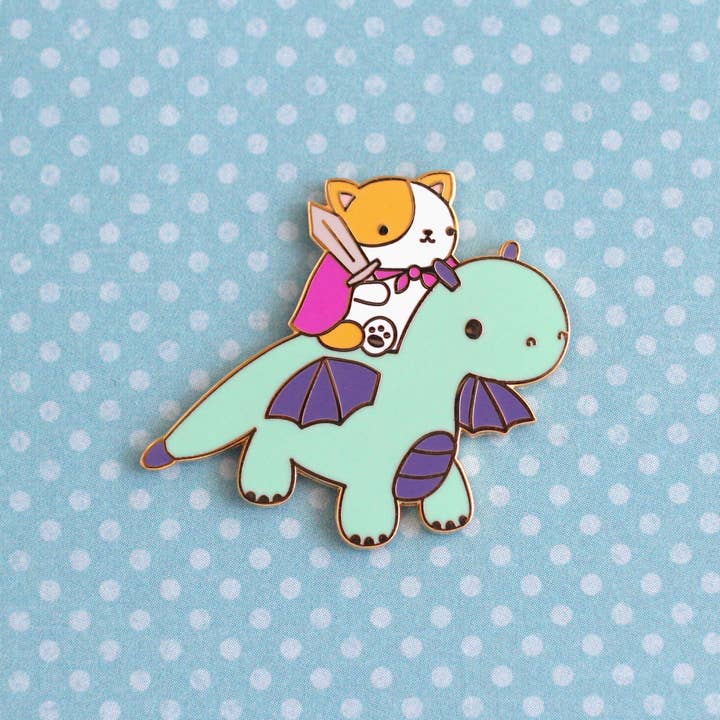 Cat and Dragon Knight Enamel Pin (Turquoise Dragon Variant) for wholesale by Wild Whimsy Woolies