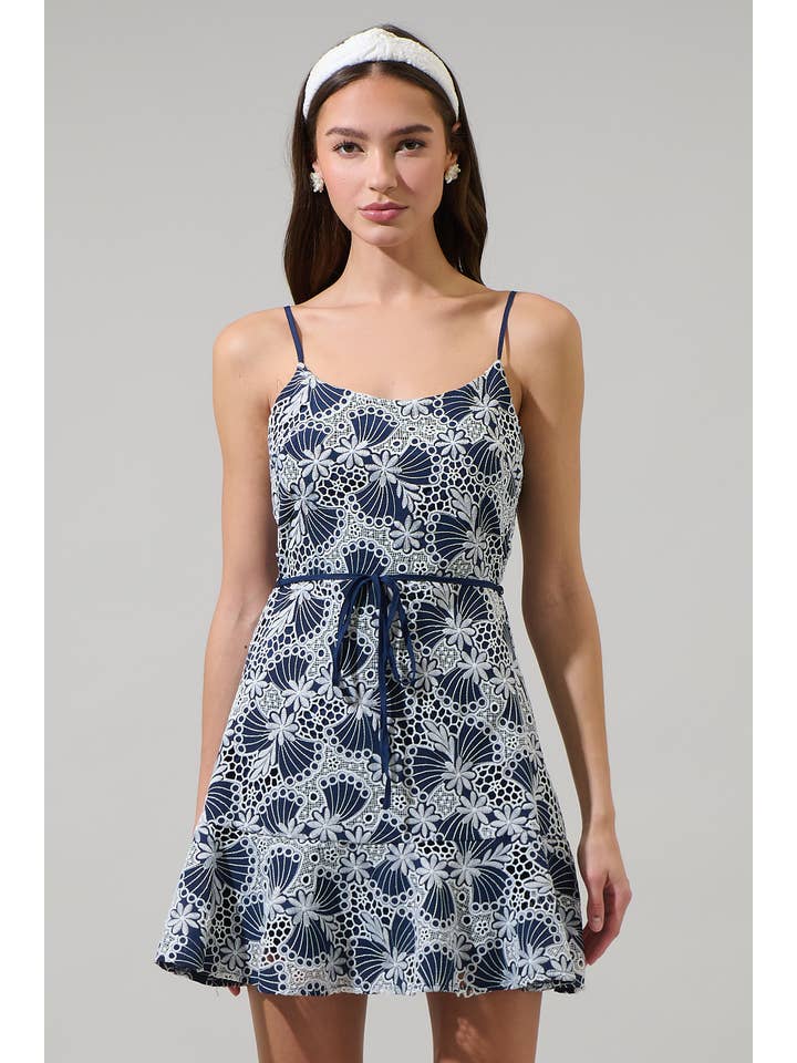 BLUE WHITE Skye Eyelet Rudy Mini Dress for wholesale on Faire