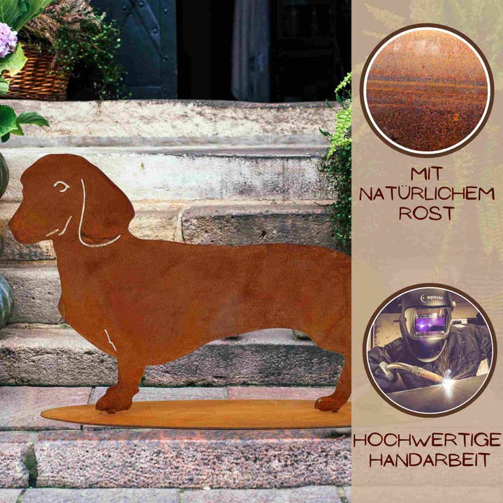 Rostikal - Wholesale Decoratief beeldje - Edelrost decoratieve hondenfiguur teckel Waldi | metalen dierenfiguur