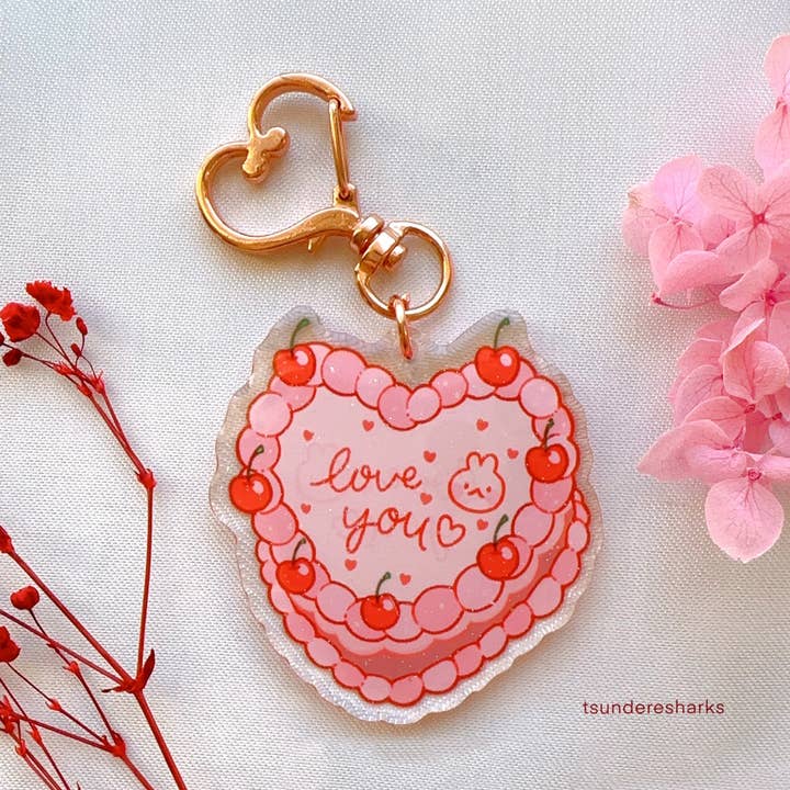 Porte-clés à paillettes « Love You » en forme de cœur et de cerise pour la vente par tsunderesharks